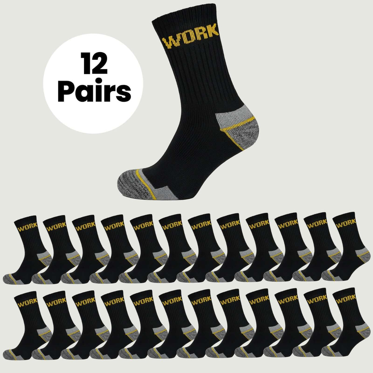 Sock Stack Men's Heavy Duty Work Socks 12 Pairs Cushion Sole Reinforced Toe Heel Black Breathable Cotton Rich Everyday Pack