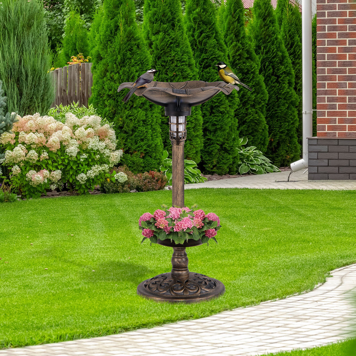 Solar-Powered Bird Bath and Feeder Combo Set for Garden Yard Lawn-Antique