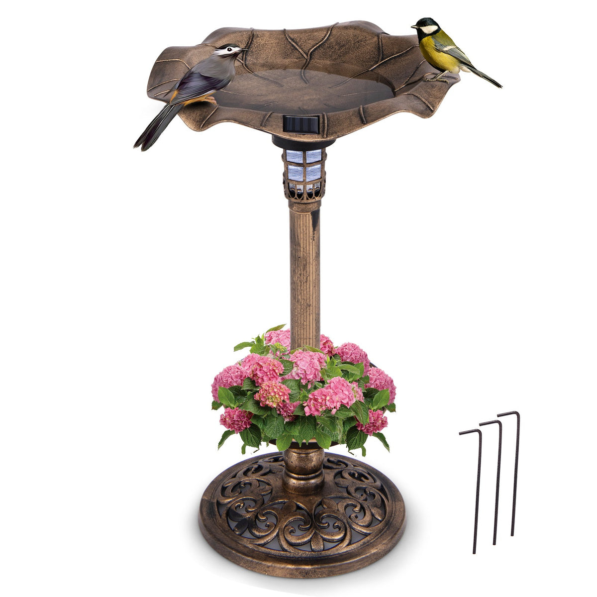Solar-Powered Bird Bath and Feeder Combo Set for Garden Yard Lawn-Antique