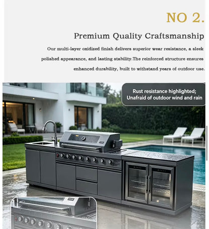 Modern LED Modular Outdoor Functional Stainless Steel Kitchen Cabinets With Grill Cooktop Sink and Fridge