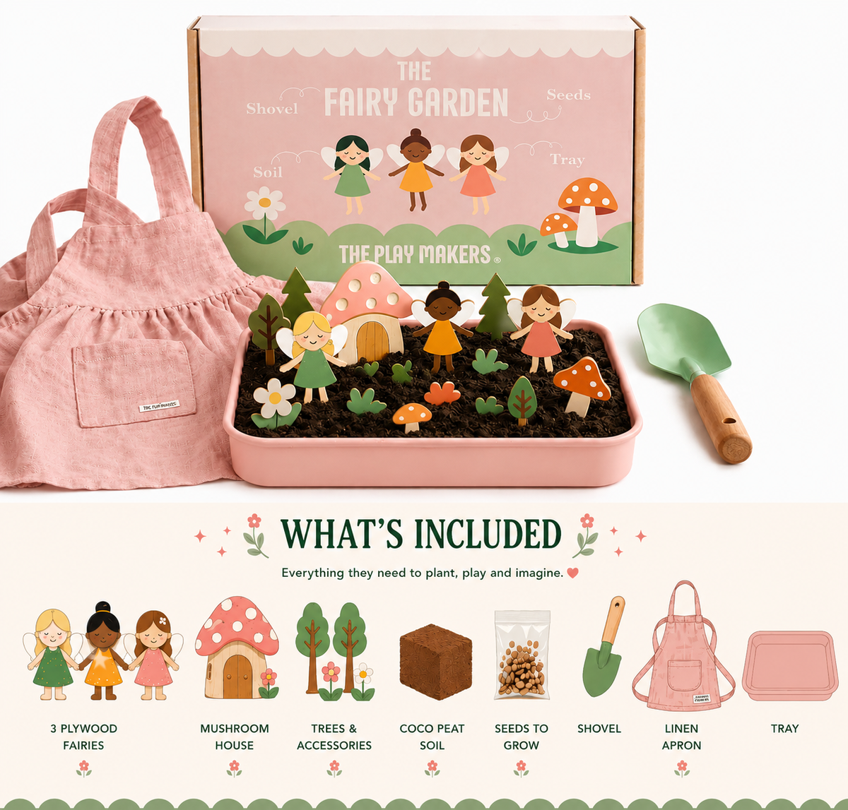 Fairy Gardening Kit for kids | Sensory Play set with Apron,Tray, Shovel, Fairies, Soil & Seeds | The Playmakers Co
