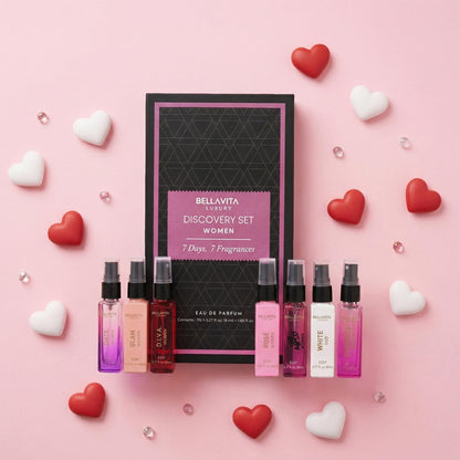 BellaVita Luxury Discovery Set – 7x8ml Women’s Perfumes: Rose, Oud & Pepper | Travel-Ready Gift