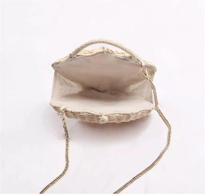 Shell Shape Raffia Clutch Woven Crossbody Shoulder Bag with Peal