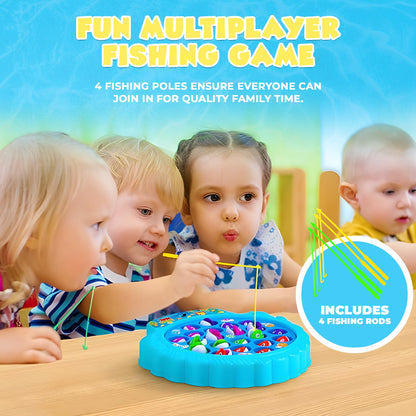 IPIDIPI TOYS Fishing Game for Kids | 21 Fish, 4 Poles, Rotating Board & Music | Skill Building Toy for 3+ | Blue