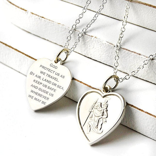 Sterling Silver Heart Pendant – Engraved Saint Christopher Necklace with 20" Chain